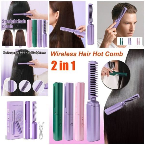 2-in-1 Wireless Hair Styling Brush, Straightener, Curler Comb